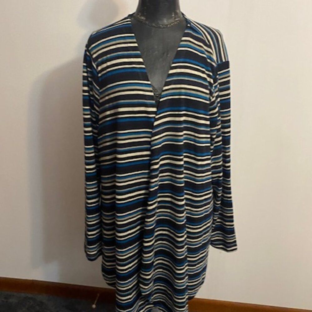 Agnes & Orinda Blue/Gray/White stripes open cardigan, size 3X